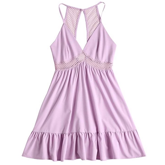 Lilac Open Back Perforated Lattice Frilled Dress - Picture 3 of 5